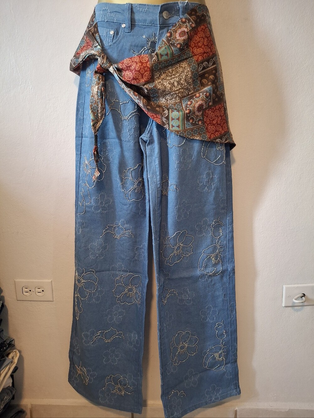 Blue Embroidered Wide-Leg Jeans with Patterned Sash